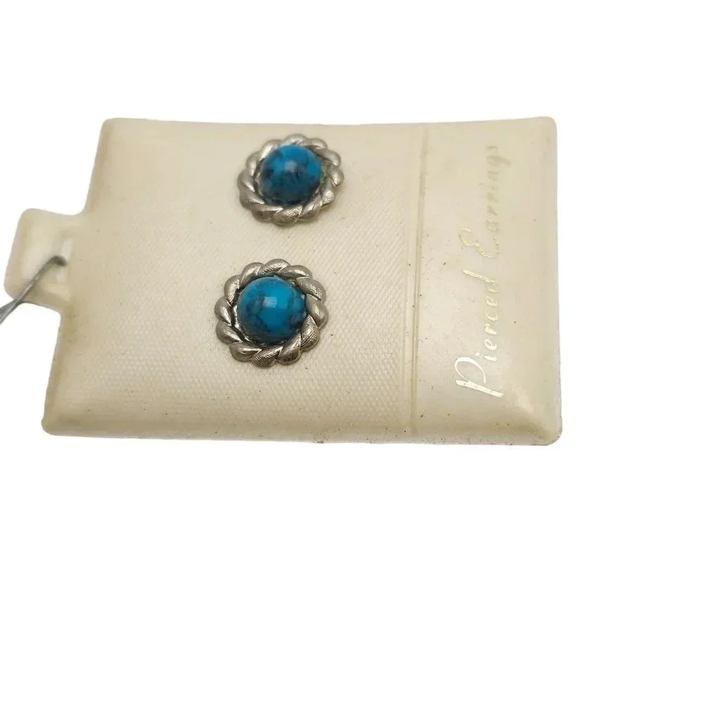 Blue Faux Turquoise Pierced Stud Earrings Butterfly Closure Silver Tone Vintage
